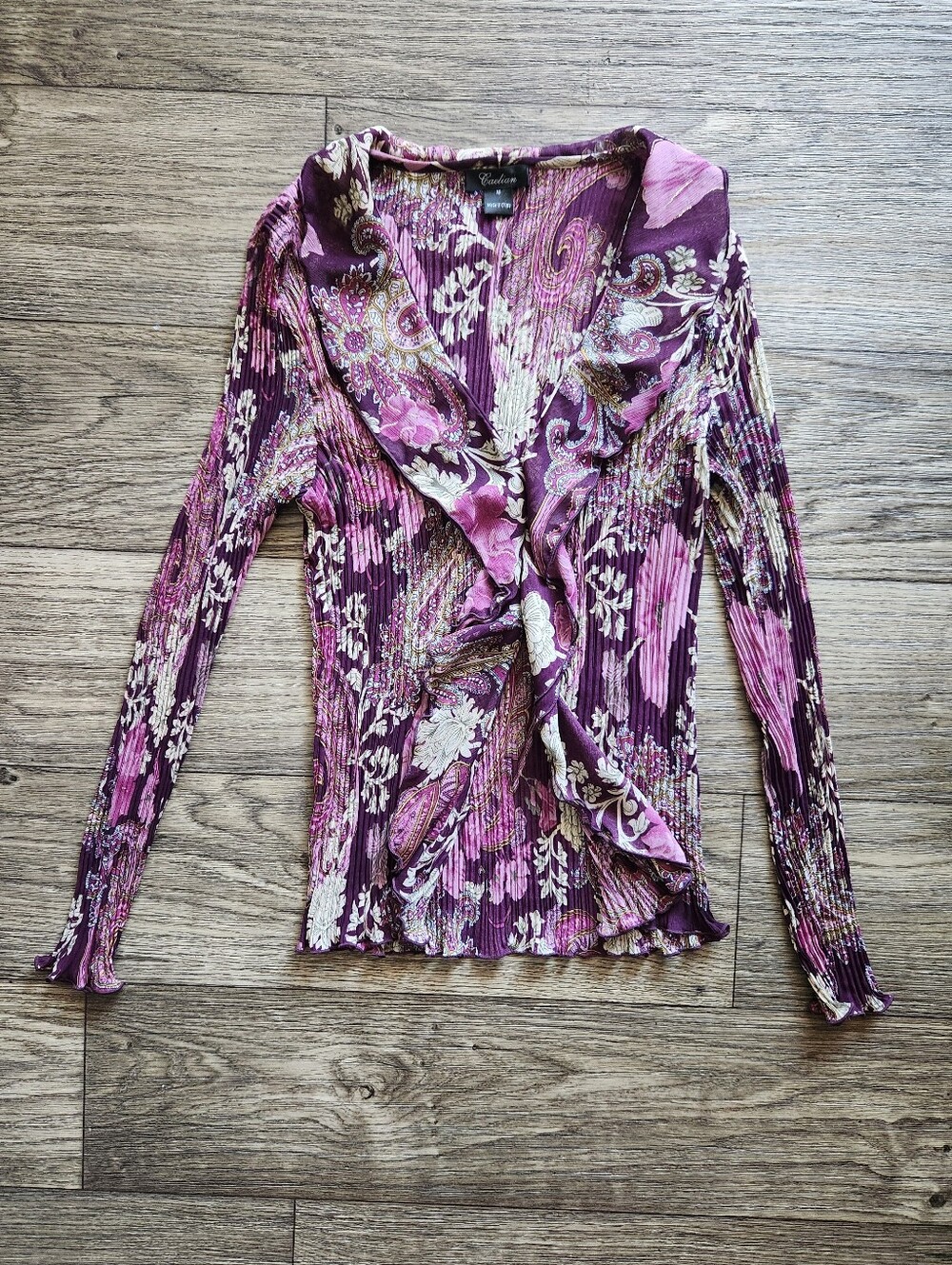 Caelian Y2K Purple Paisley Floral Pleated Ruffle V-Neck Blouse Top Size MGreat